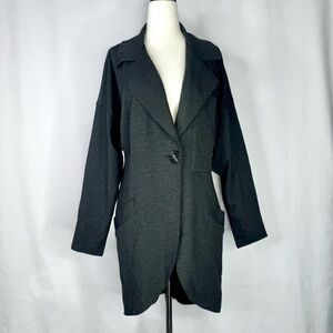 Cabi long jacket jersey knit single button curved hem very dark grey heather XS